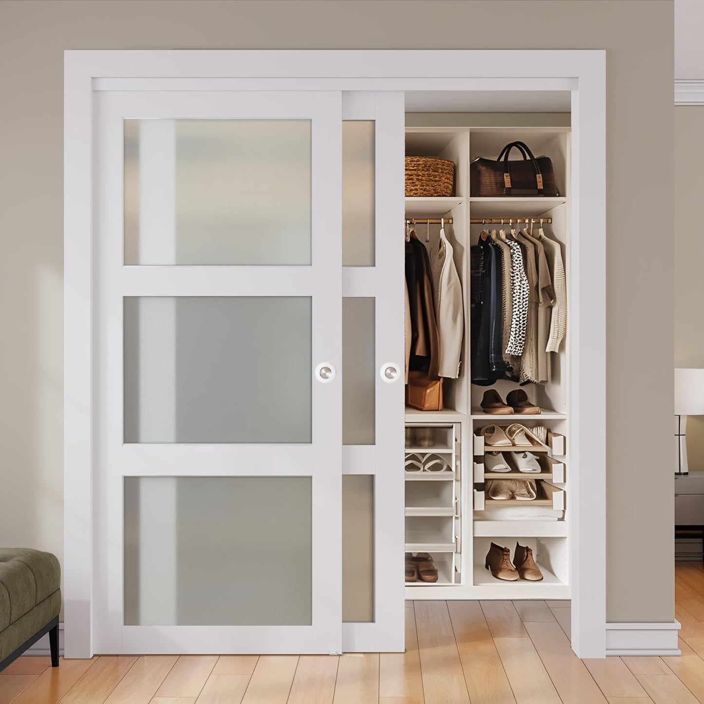 3-Lite Frosted Glass Bypass Door with Hardware Kit Closet Door , White