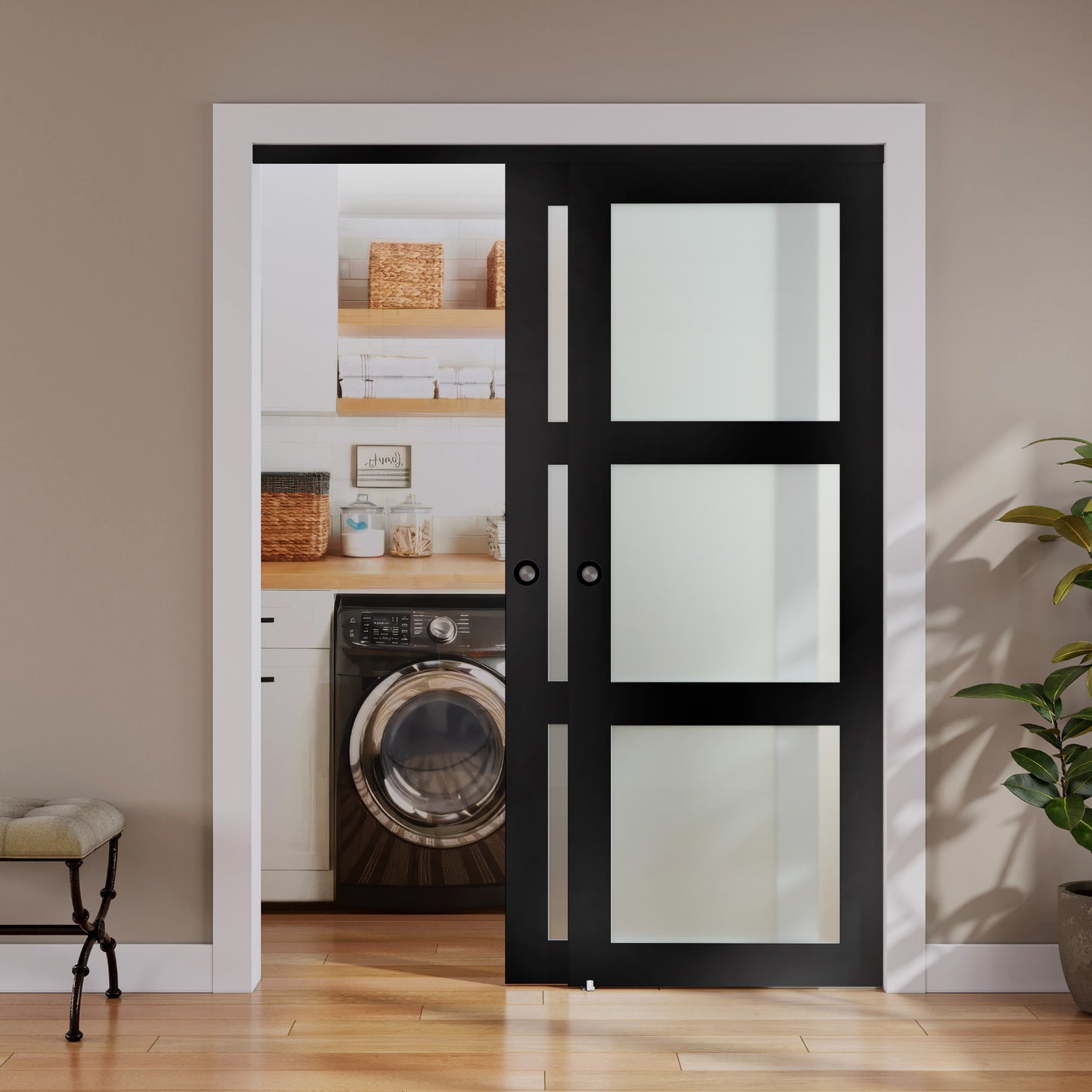 3-Lite Frosted Glass Bypass Door with Hardware Kit Closet Door , White