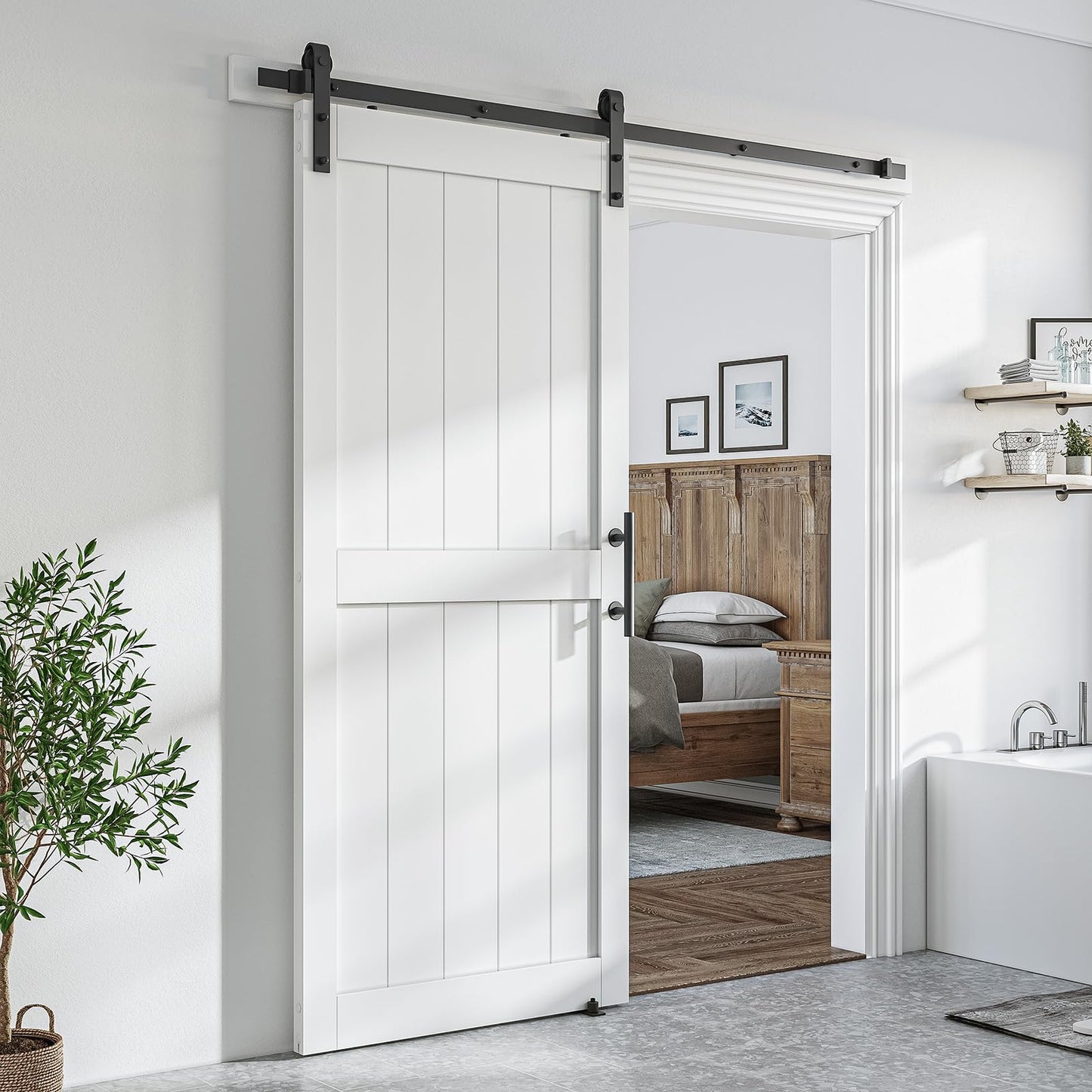 SmartStandard 36 x 96 inch White Sliding MDF Barn Door with 6.6FT Black Sliding Door Hardware Kit & Handle, Pre-Drilled Ready to Assemble, Waterproof PVC Coating, H-Frame