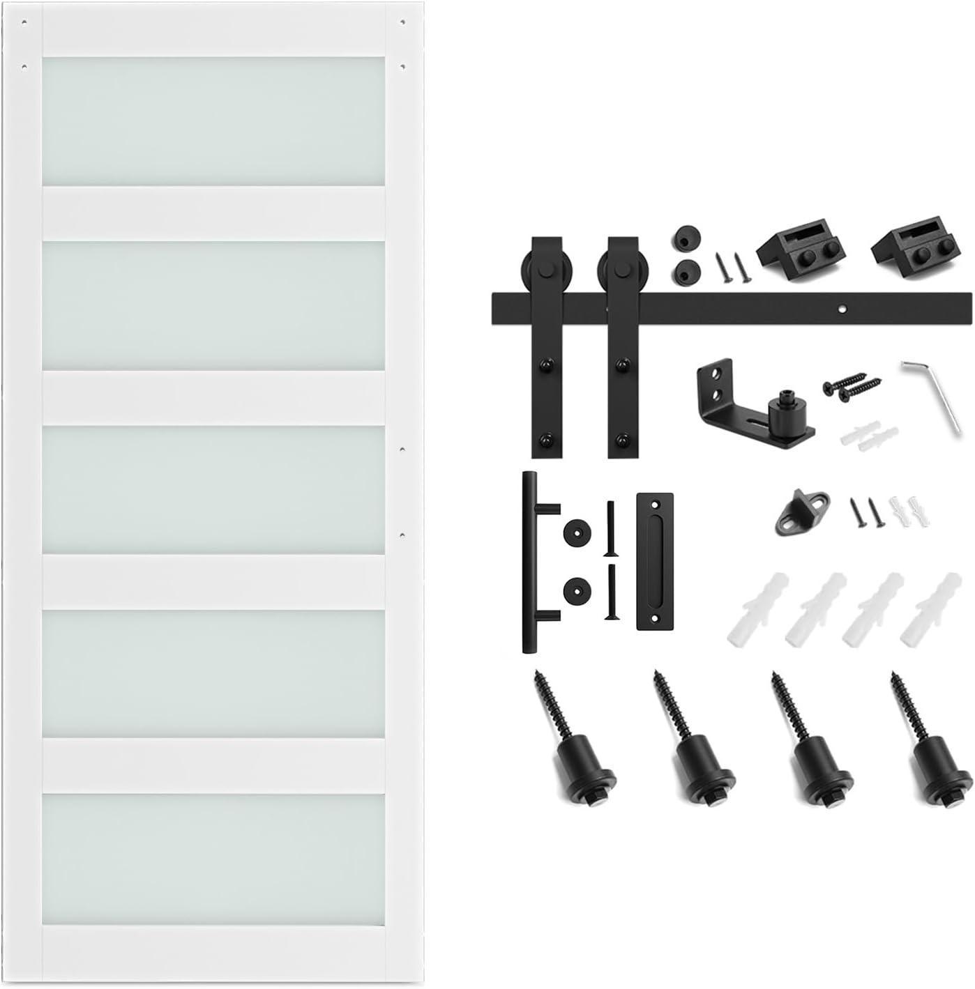 SMARTSTANDARD 34 x 84 in Glass Barn Door with 6FT Sliding Hardware Kit | Pre-Drilled Ready to Assemble, Waterproof PVC Coating, White, 5-Panel Glass