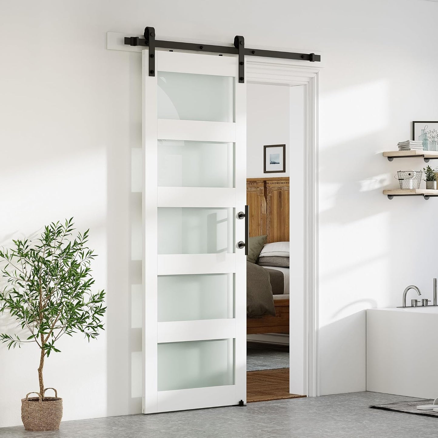 SMARTSTANDARD 28 x 84 in Glass Barn Door with 5FT Sliding Hardware Kit | Pre-Drilled Ready to Assemble, Waterproof PVC Coating, White, 5-Panel Glass