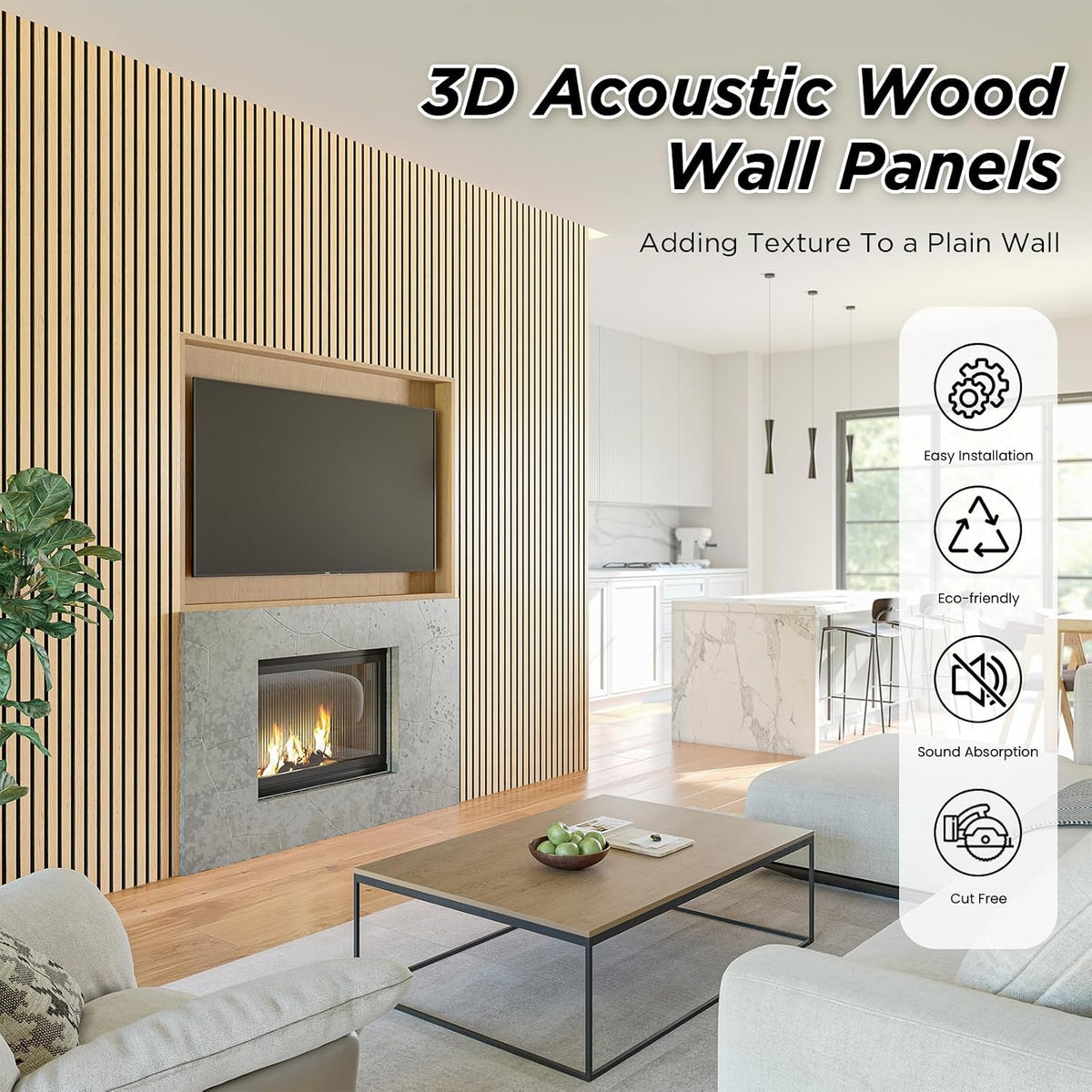 SMARTSTANDARD 4 Pack 105.9" x 12.6" Wood Slat Wall Panels, White Oak