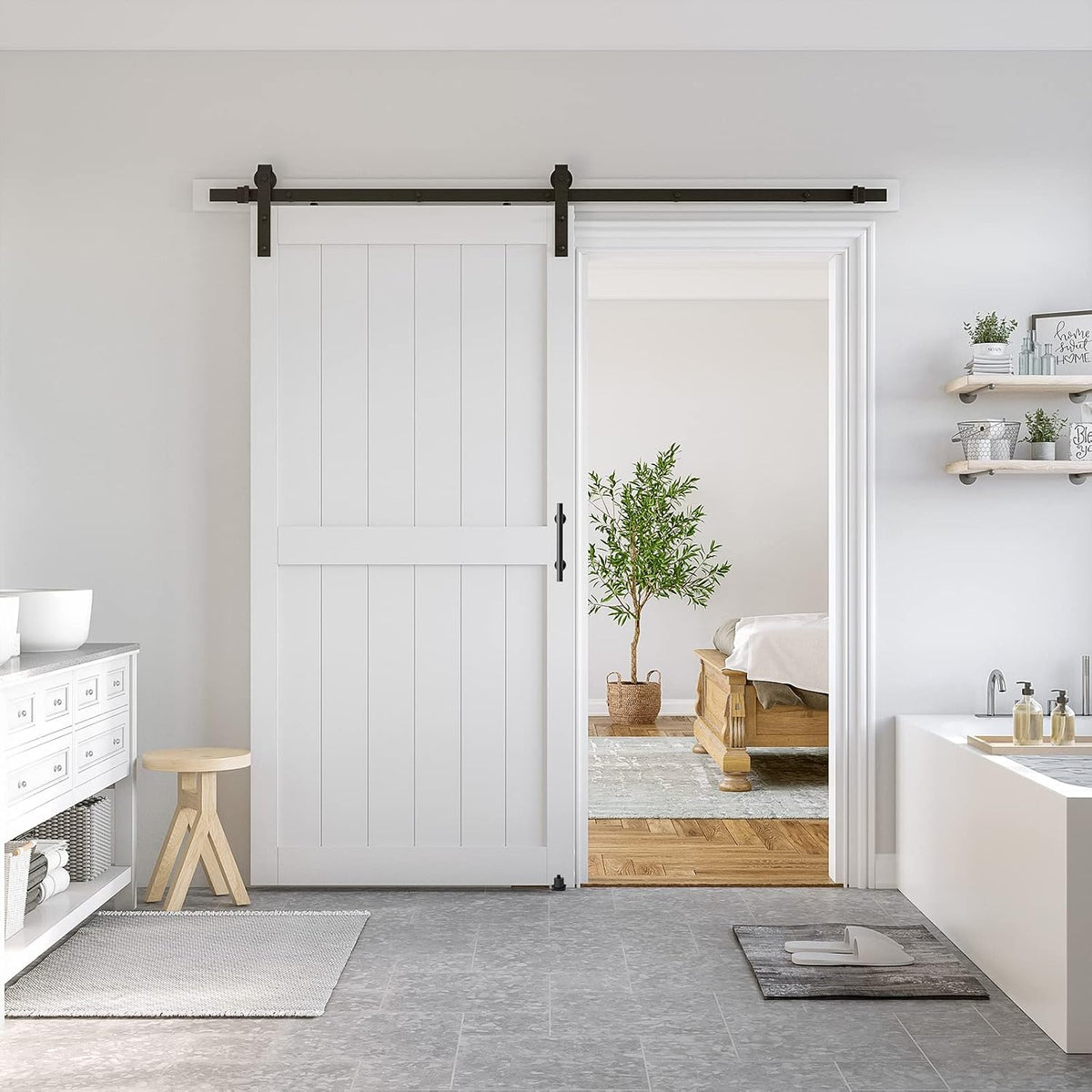 SMARTSTANDARD 42" x 84" White Sliding Barn Door with 7FT Black Hardware | Pre-Drilled Ready to Assemble, Waterproof PVC Coating, H-Frame