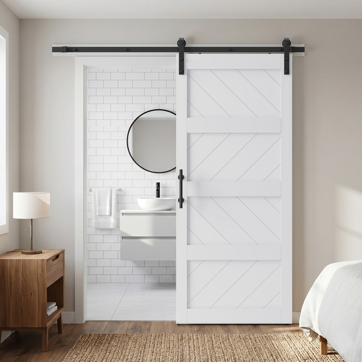 COSHOMER 36x84in White Sliding Barn Door Hardware Kit, Modern Paneled Wave Design