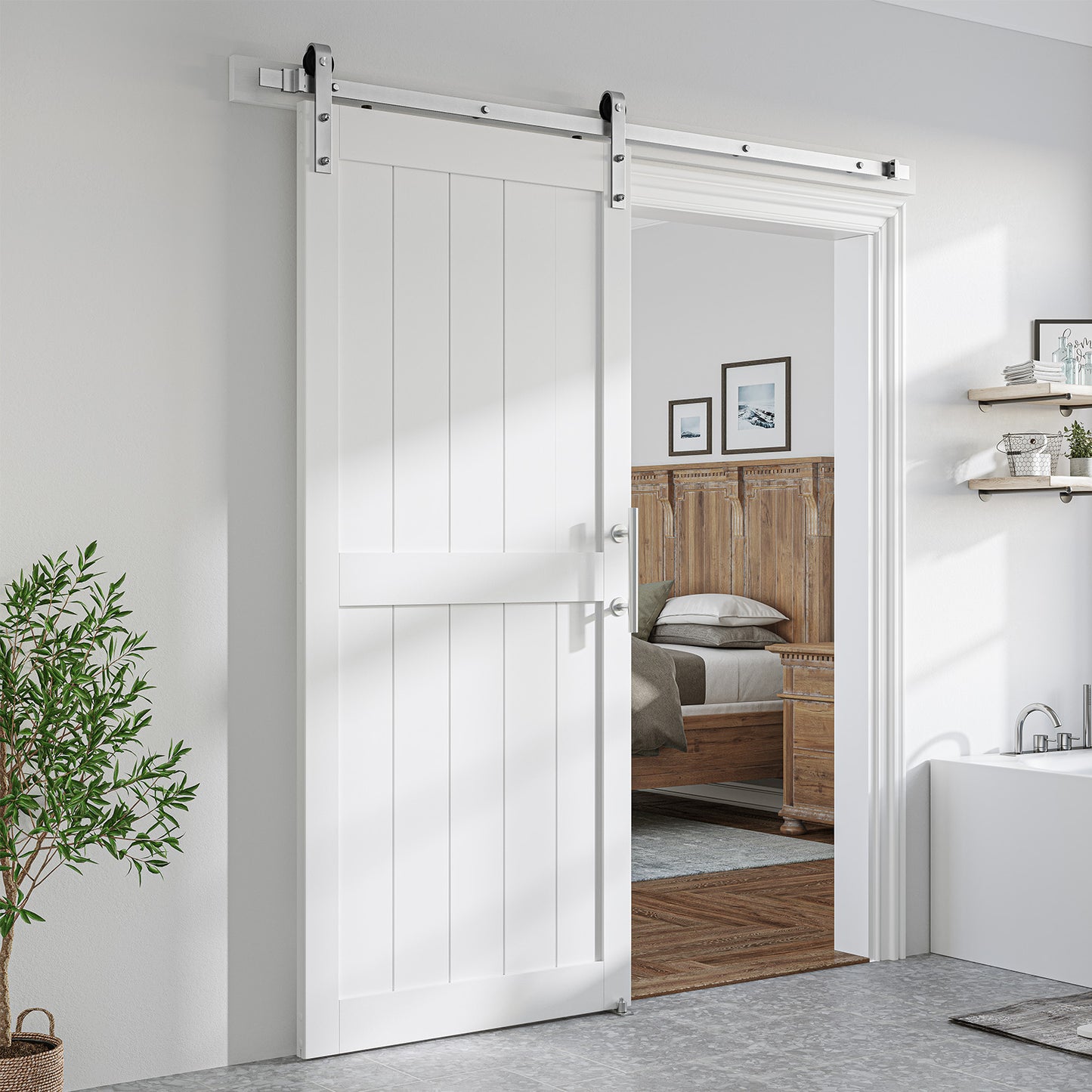 MDF Barn Door with Hardware Kit, White H-Frame Door, Brushed Nickel Hardware