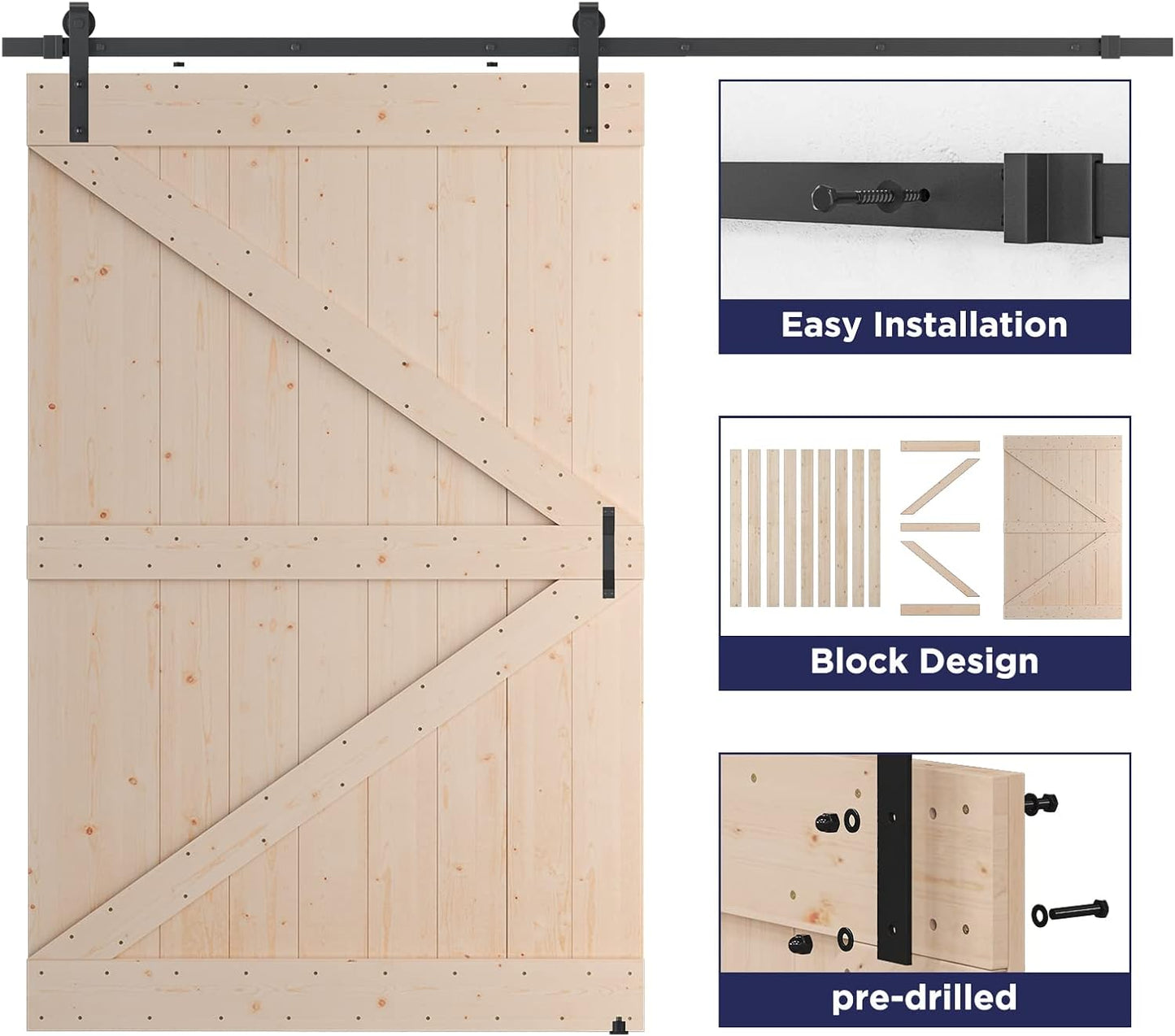 Unfinished Wood Barn Door with Installation Hardware Kit Frameless shape