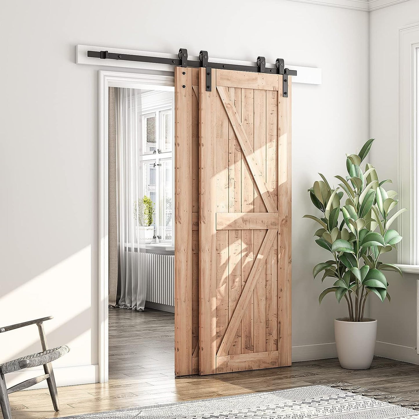 Bypass Sliding Barn Door Hardware Kit, J Shape Hanger