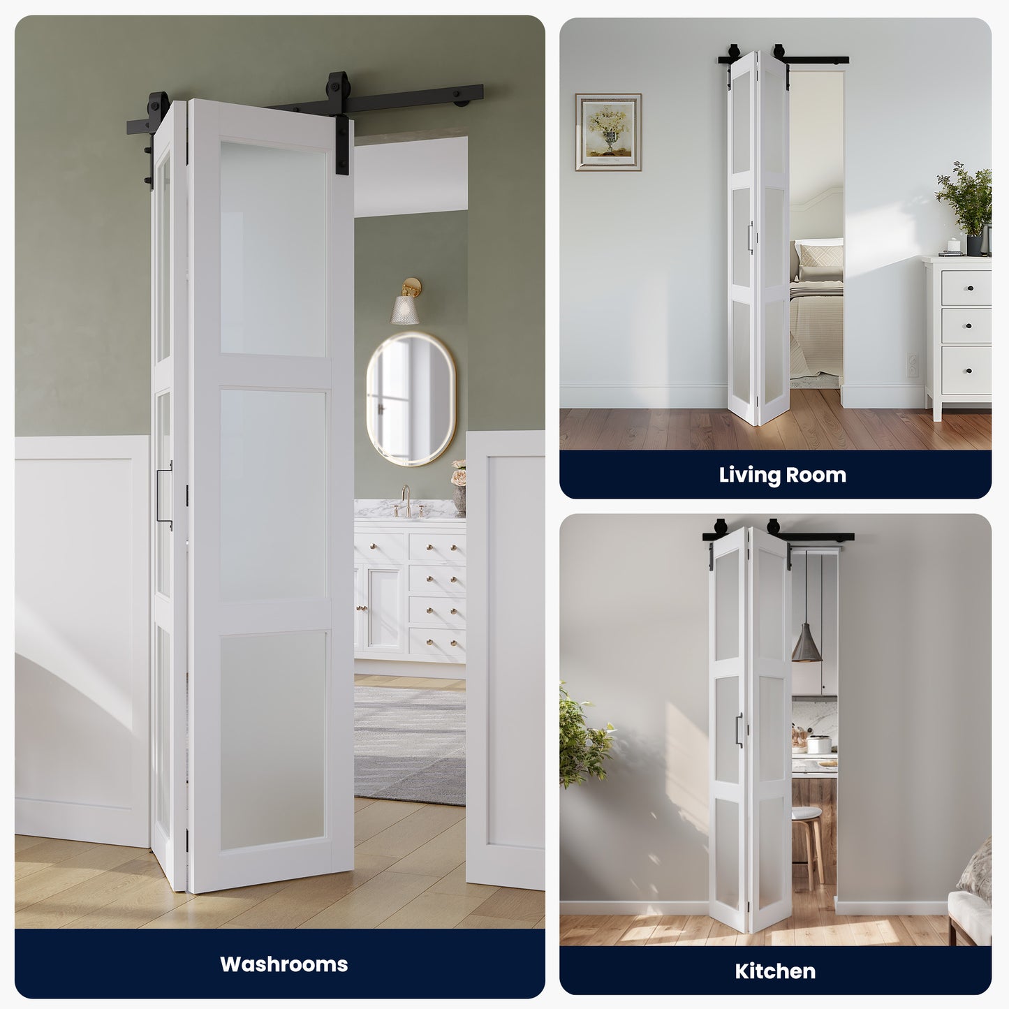 SMARTSTANDARD 24 x 84in Frosted Glass Bifold Barn Door with Hardware Kit, Pre-Drilled Holes Easy Assembly -Solid Barn Doors Slab Covered with Water-Proof PVC Surface, White