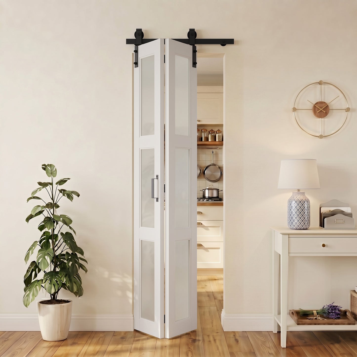 SMARTSTANDARD 24" x 84" (Double 12") Bifold Barn Door with Hardware Kit, MDF Bifold Closet Doors, 3-Lite Frosted Glass Panels, Pre-Drilled, Waterproof PVC Coated Folding Door for Pantry, Laundry