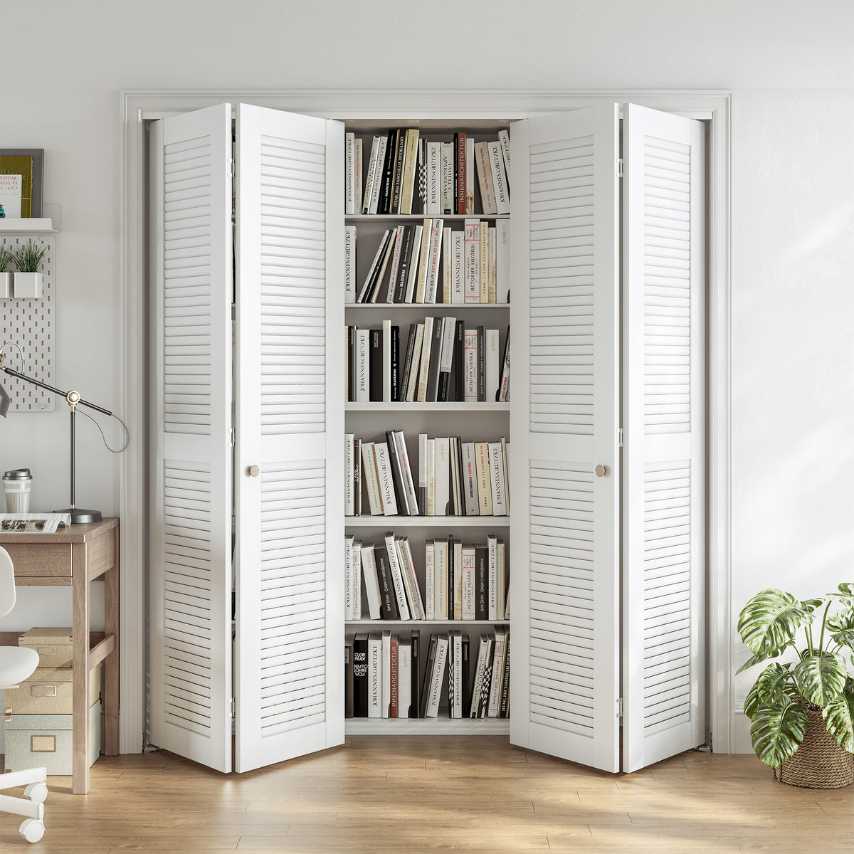 SMARTSTANDARD 56" x 80" Louvered Bifold Closet Door, MDF, White, Pre-Assembled Folding Doors with Hardware Kit, Easy Installation for Bedroom Pantry, Water-Proof PVC Surface, Space-Saving