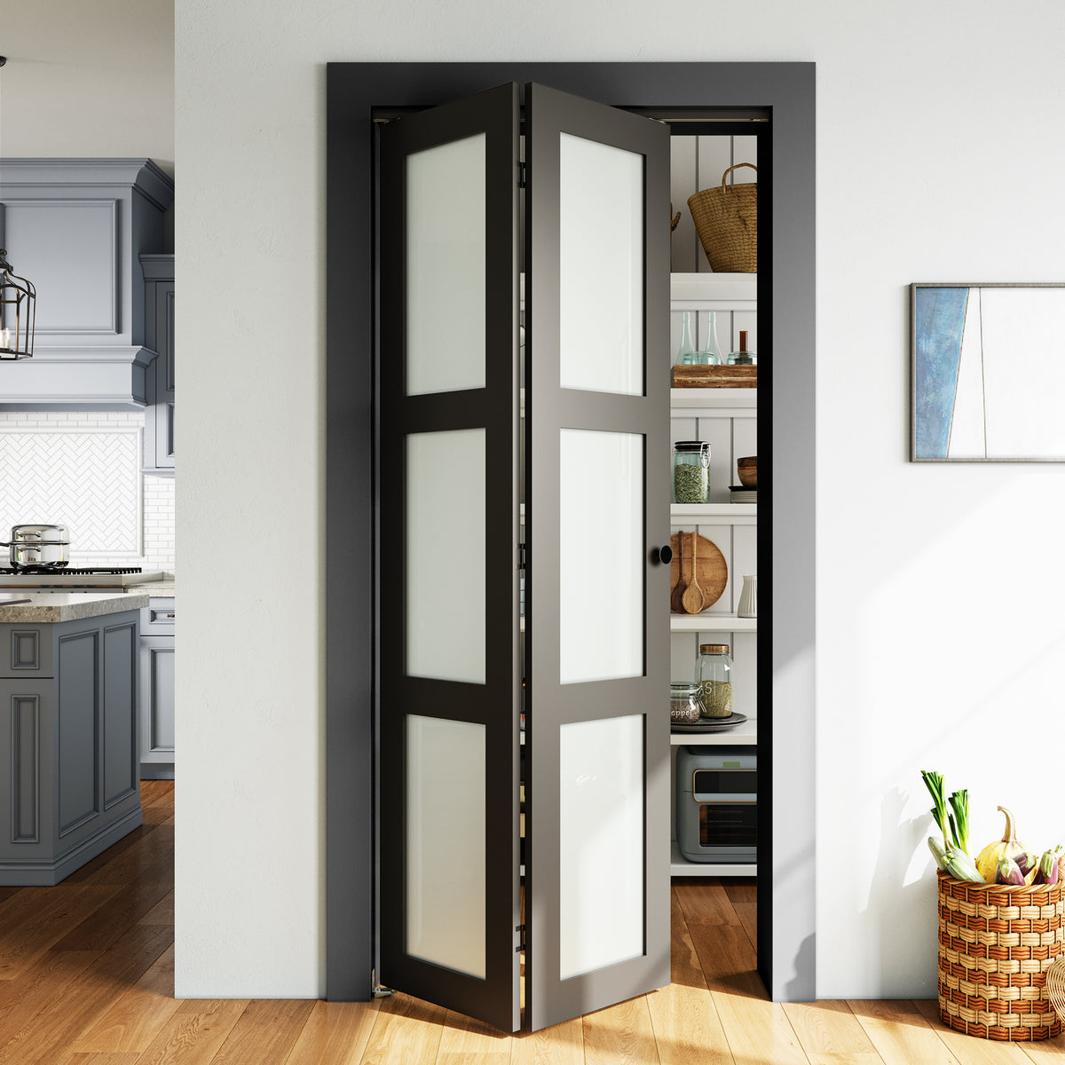 SMARTSTANDARD 24" x 80 Bifold Closet Door, Tempered Frosted Glass, Black, MDF, with Bi-fold Door Hardware Kit Included, Preassembled Panel, Water-Proof PVC Surface, Easy Install, Space-Saving