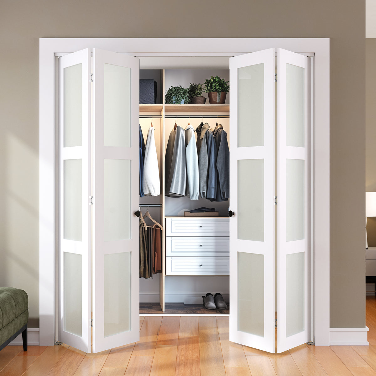 SMARTSTANDARD Bifold Door for 56" x 80-3/4" Opening, Tempered Frosted Glass, Closet Folding Doors with Hardware kit Included, White, Water-Proof PVC Surface, Easy Install, Space-Saving