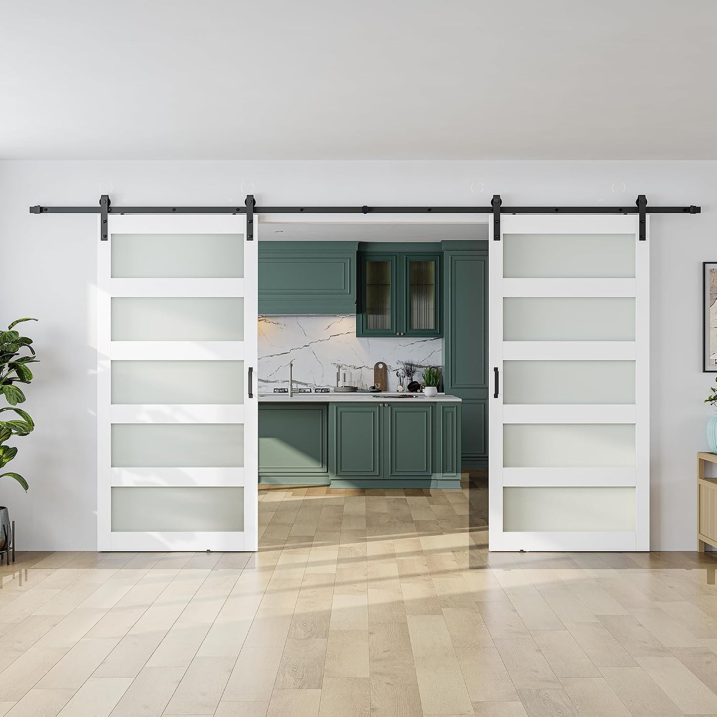 SMARTSTANDARD Double 42×84 Glass Barn Door with Sliding Hardware Kit | Pre-Drilled Ready to Assemble, Waterproof PVC Coating, 5-Panel Glass, White