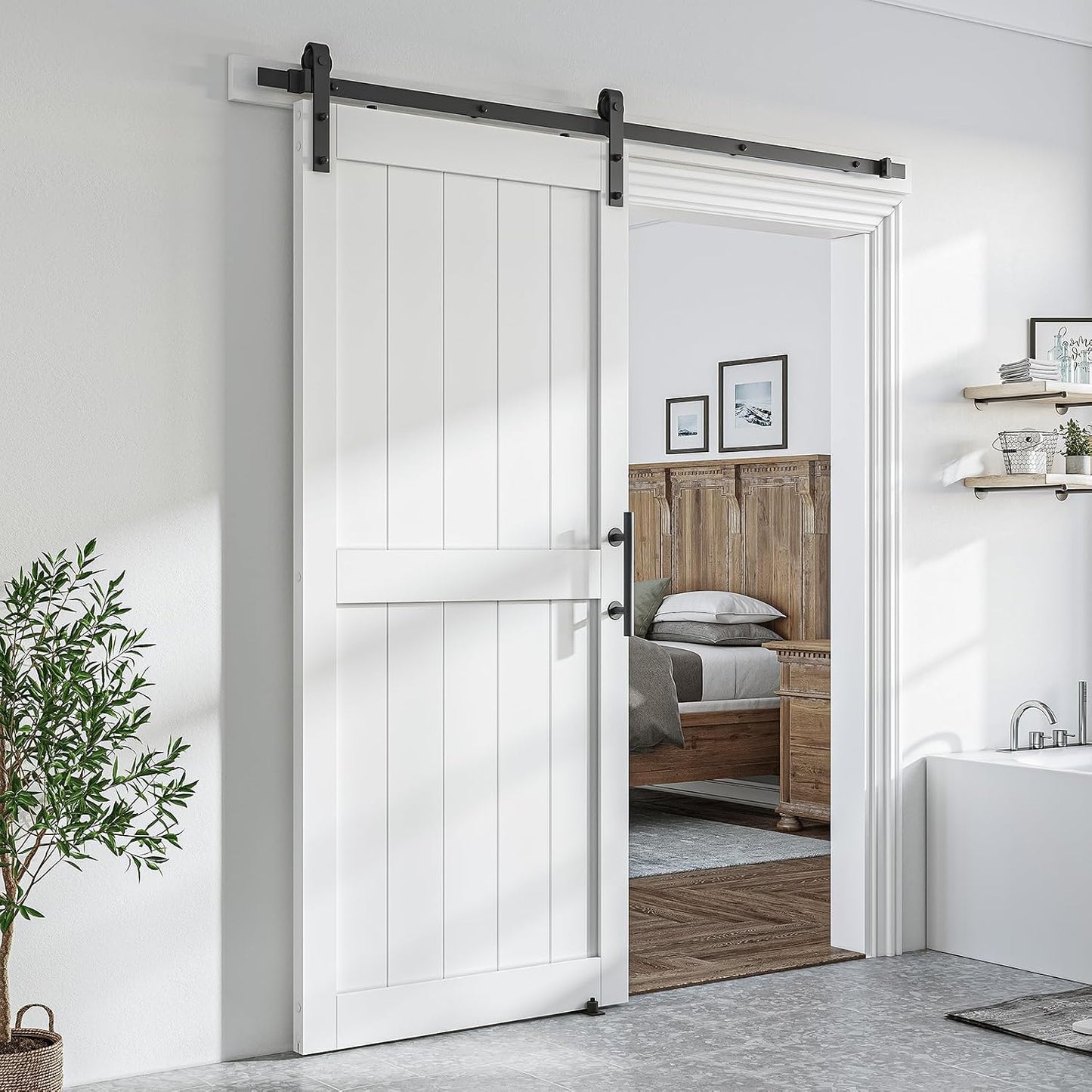 SMARTSTANDARD 38" x 84" White Sliding Barn Door with 6.6FT Black Hardware