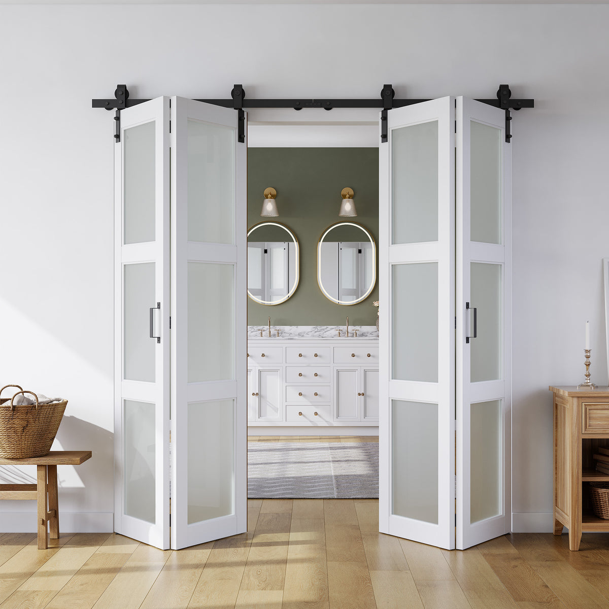 SMARTSTANDARD 60in x 84in Frosted Glass Bifold Barn Door with Hardware Kit，Pre-Drilled Holes Easy Assembly -Solid Barn Doors Slab Covered with Water-Proof PVC Surface, White