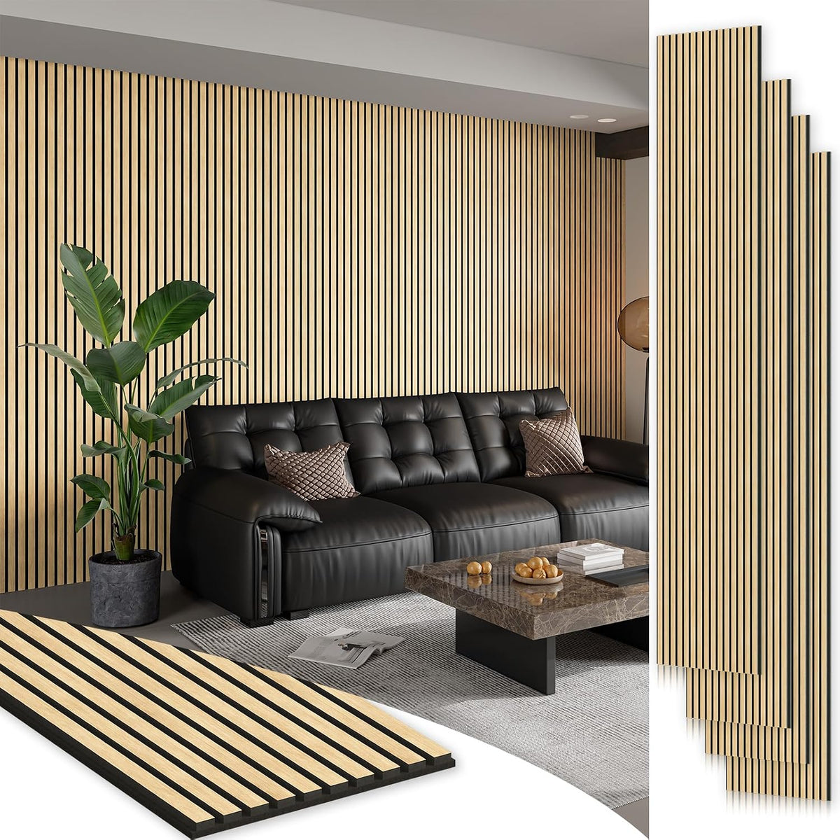 SMARTSTANDARD 4 Pack 105.9" x 12.6" Wood Slat Wall Panels, White Oak