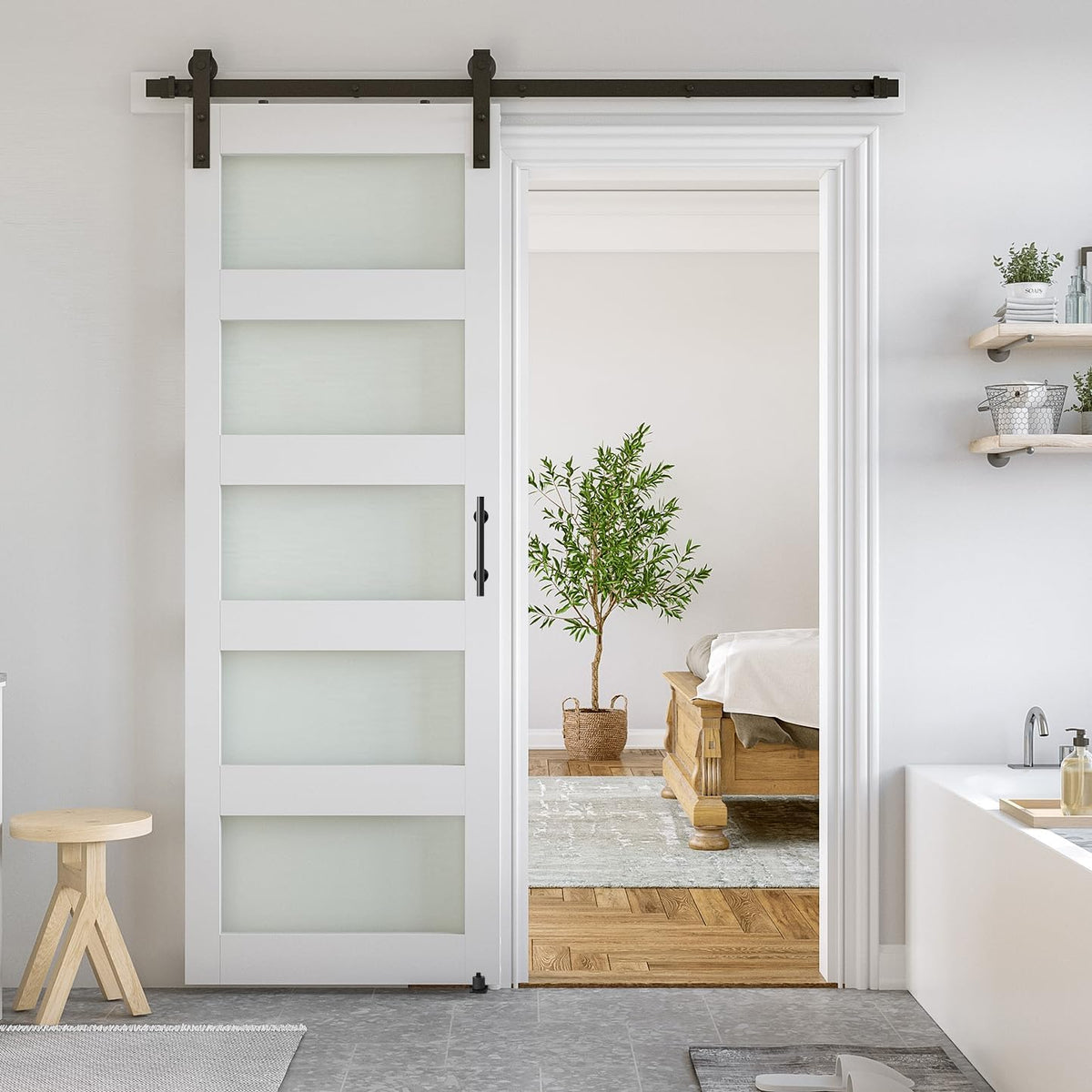 SMARTSTANDARD 32 x 84 in Glass Barn Door with 6FT Sliding Hardware Kit | Pre-Drilled Ready to Assemble, Waterproof PVC Coating, White, 5-Panel Glass