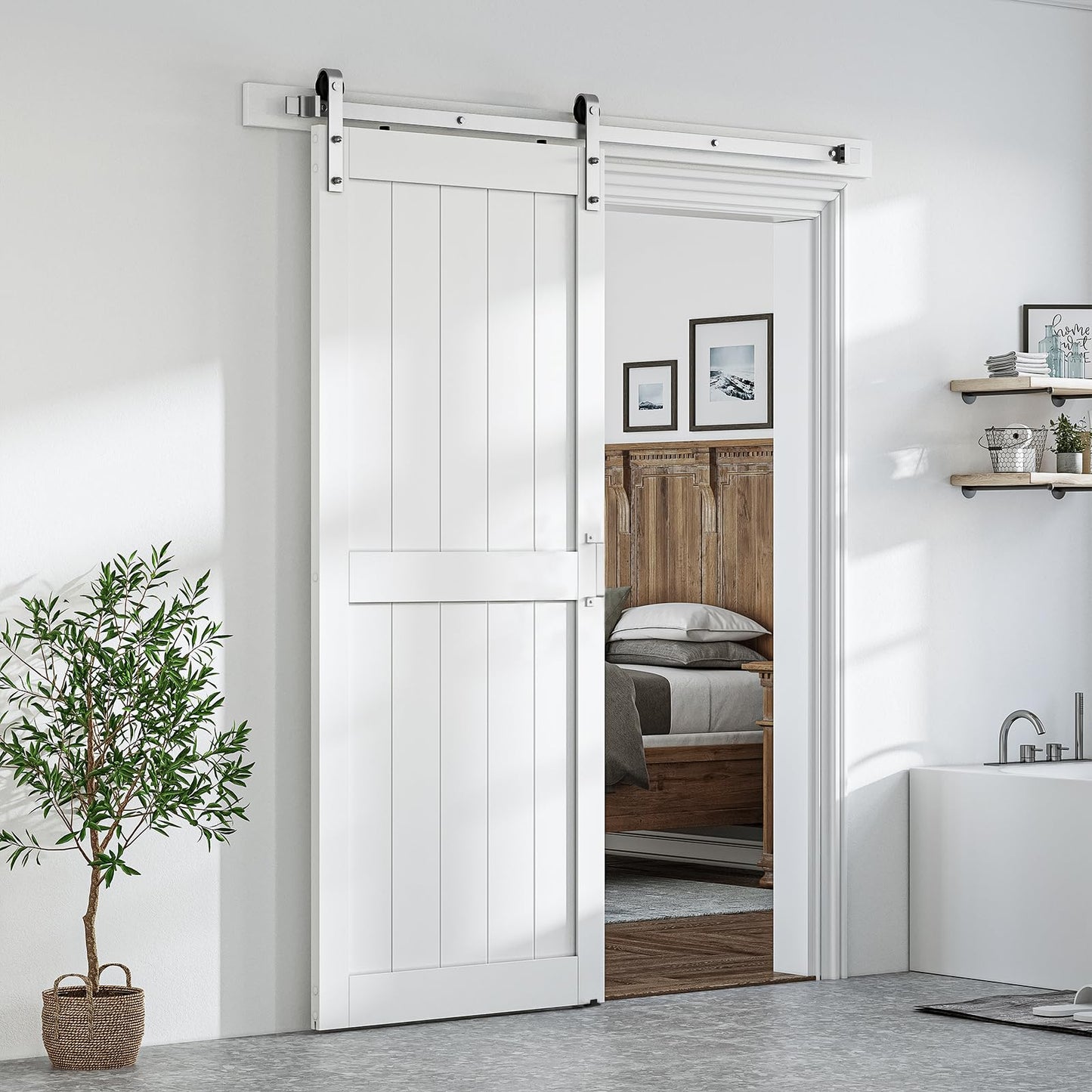 SMARTSTANDARD 34" x 84" White Sliding Barn Door with 6FT Silver Hardware