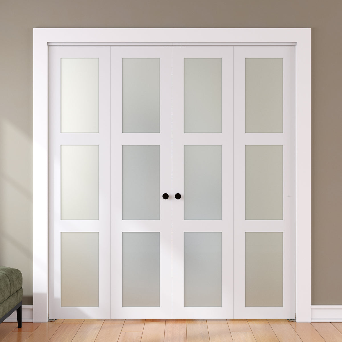 SMARTSTANDARD Bifold Door for 56"x 80" Opening, Tempered Frosted Glass, MDF, Closet Folding Doors with Hardware kit Included, White, Water-Proof PVC Surface, Easy Install, Space-Saving
