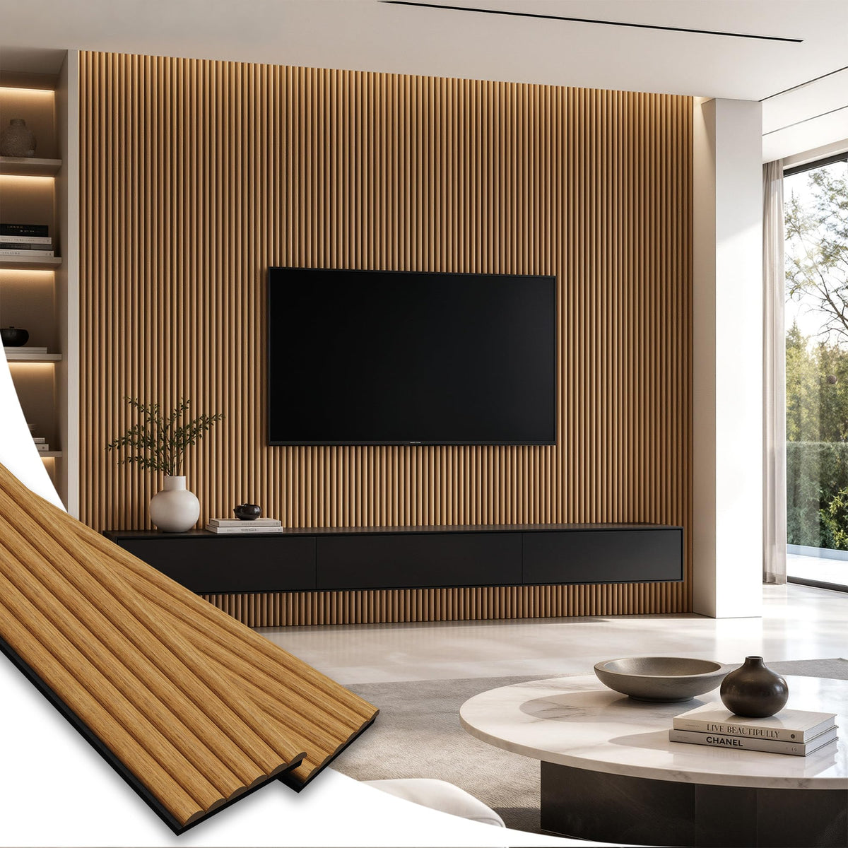SMARTSTANDARD Wood Fluted Acoustic Wall Panels, 94x5.9in, 6Pcs, Classic Oak