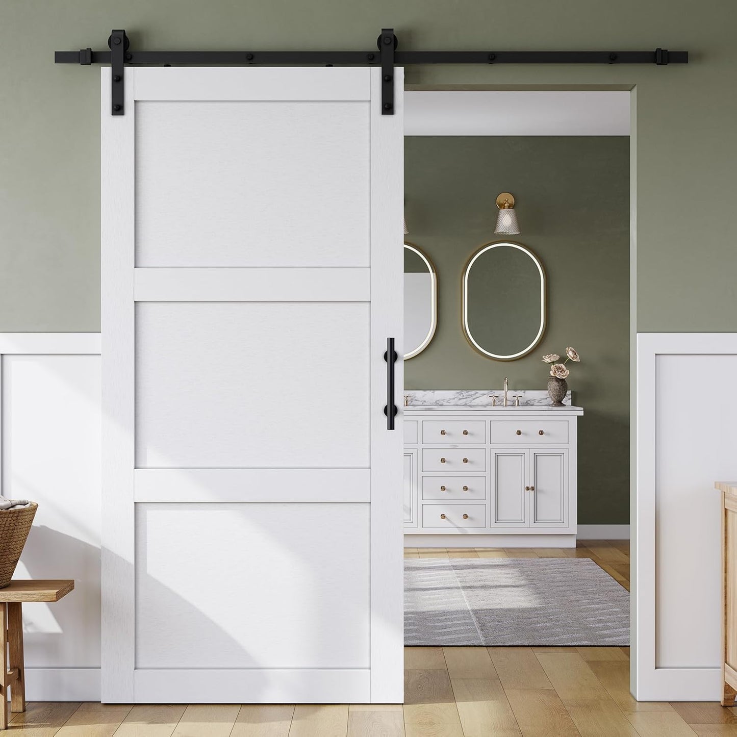 SMARTSTANDARD 40in x 84in Sliding Barn Door with 7FT Hardware Track,3 Panel | Waterproof PVC Surface, Pre-Drilled Holes Easy to Assemble, White, Solid, MDF