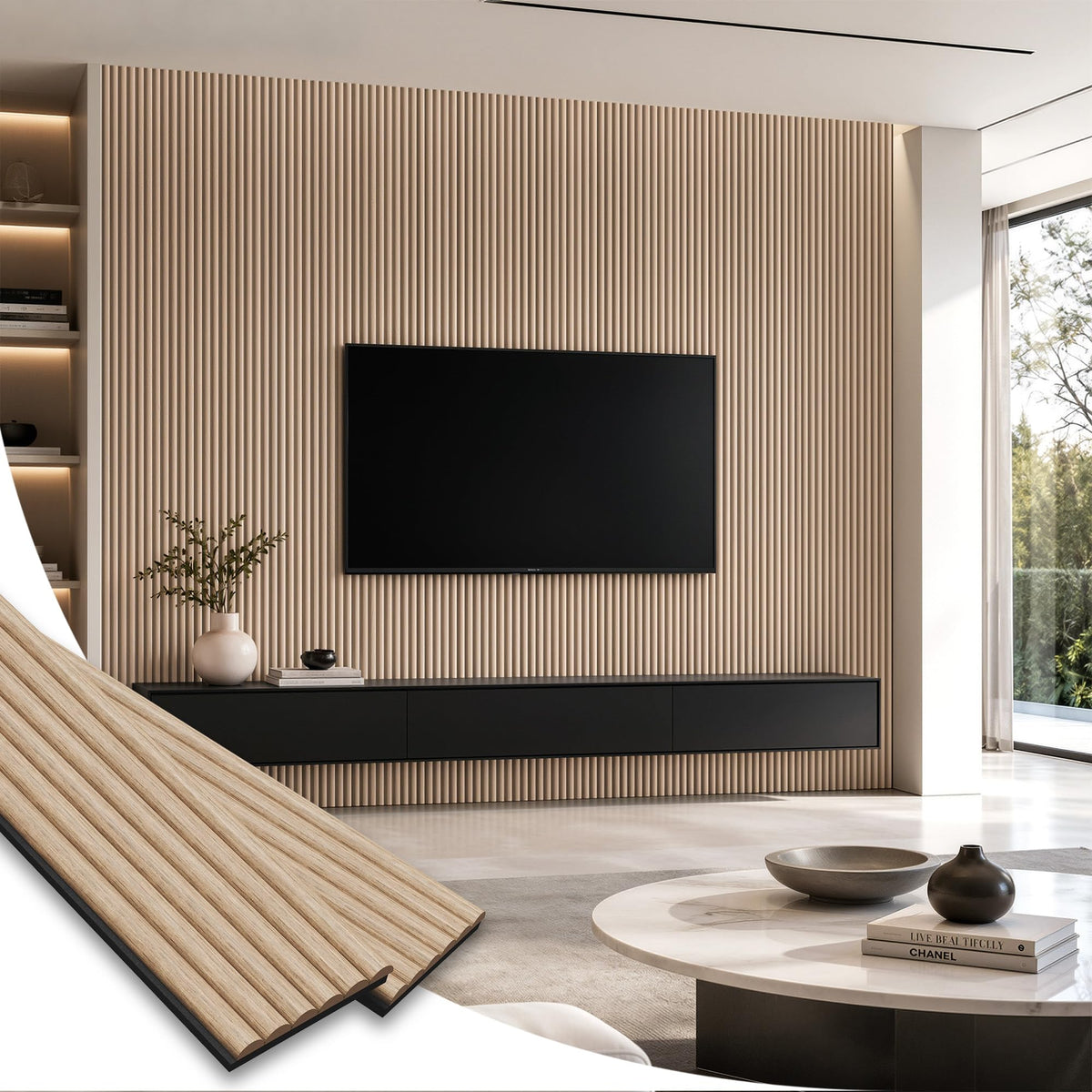SMARTSTANDARD Wood Fluted Acoustic Wall Panels, 94x5.9in, 6 Pcs, White Oak