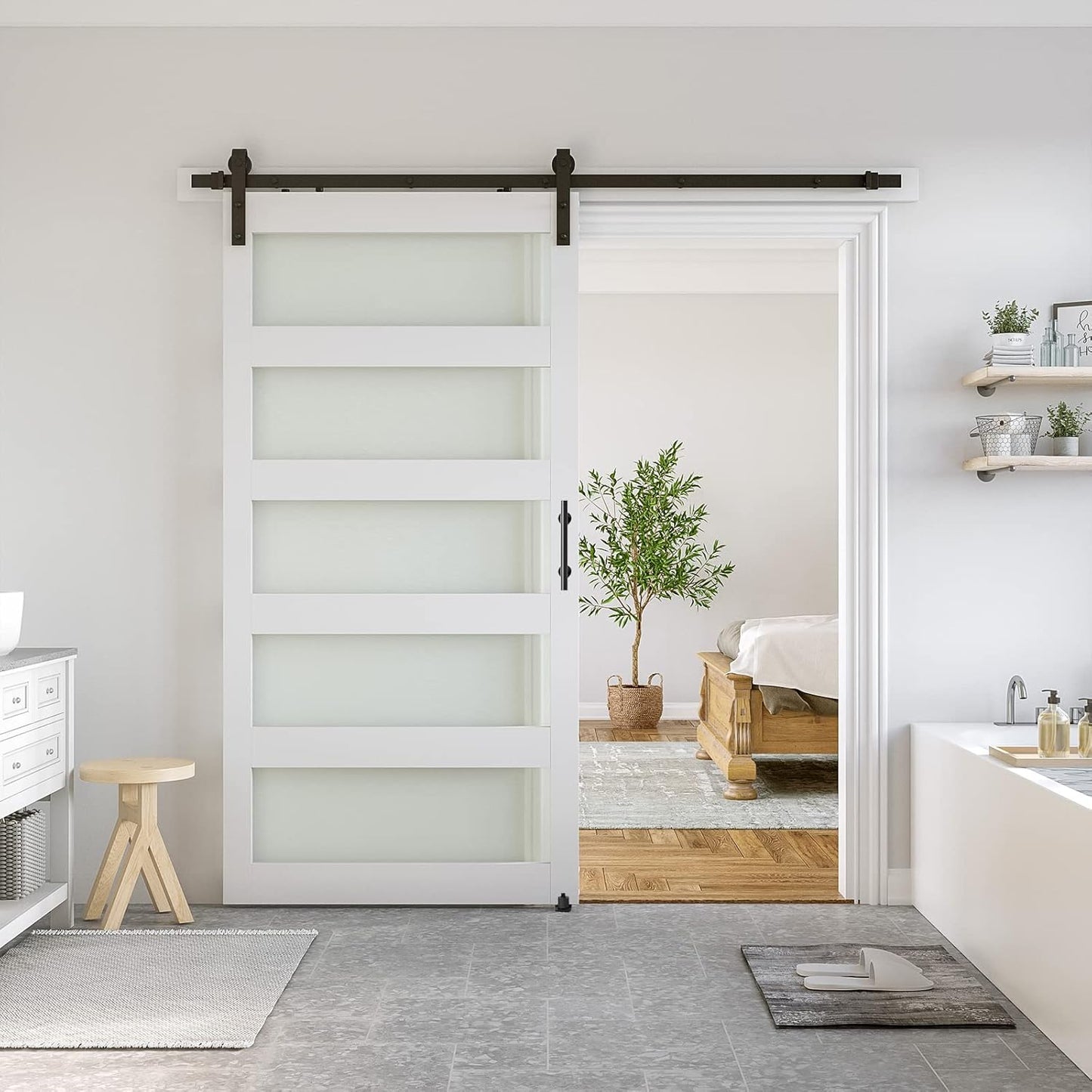 SMARTSTANDARD 42 x 96 in Glass Barn Door with 7FT Sliding Hardware Kit | Pre-Drilled Ready to Assemble, Waterproof PVC Coating, White, 5-Panel Glass