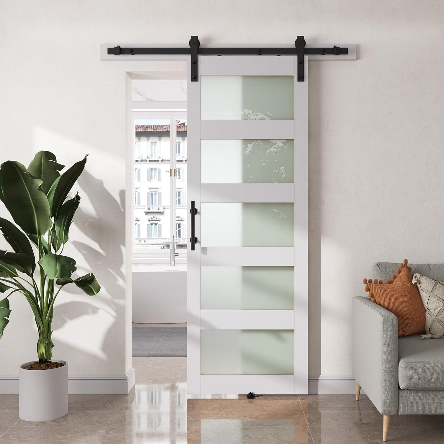 SMARTSTANDARD 30" x 84" Glass Barn Door with 5FT Hardware Kit Included | 5-Panel Glass, DIY Assembly Required, Waterproof PVC Coating, Pure White