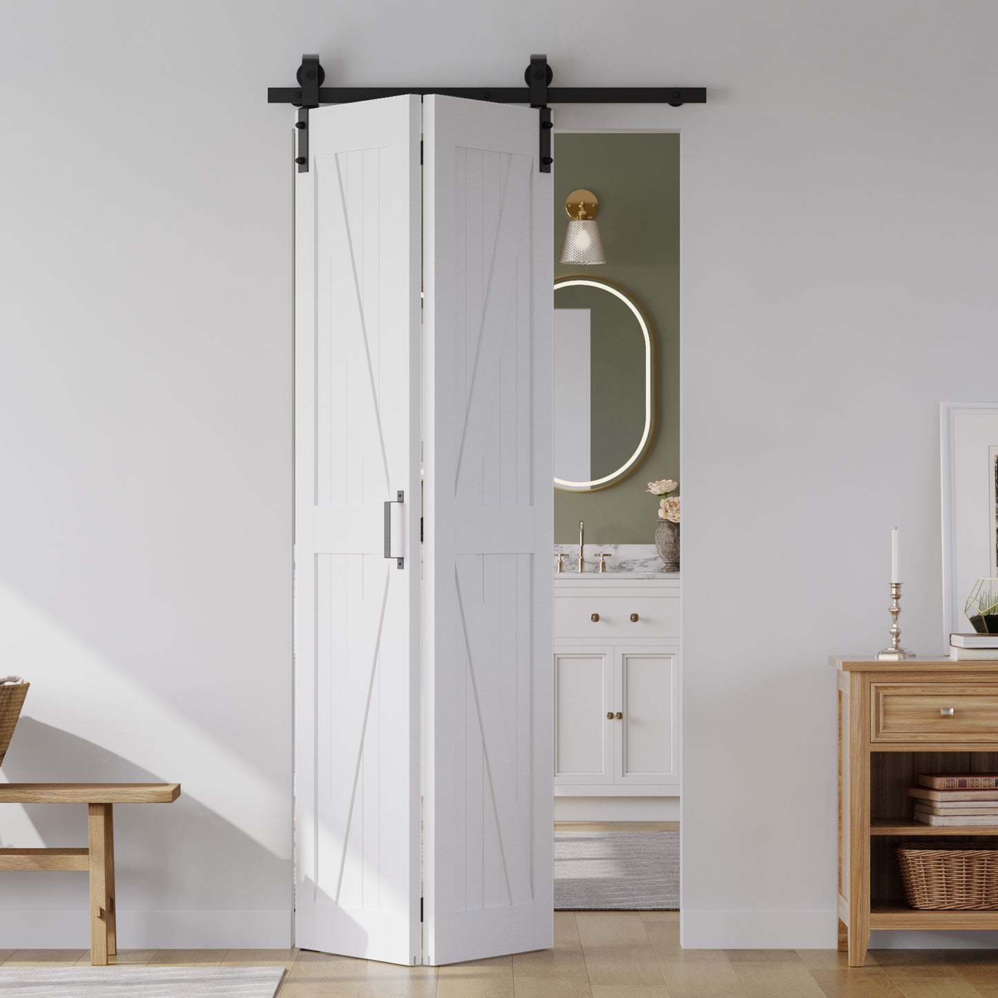SMARTSTANDARD 30" x 84" Bifold Sliding Barn Door, K Shaped Panel with Sliding Hardware Kit Set, Finished Closet Door Slab, 2.83FT Track for 2 Doors, MDF, White