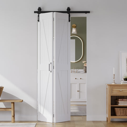 SMARTSTANDARD 30" x 84" Bifold Sliding Barn Door, K Shaped Panel with Sliding Hardware Kit Set, Finished Closet Door Slab, 2.83FT Track for 2 Doors, MDF, White