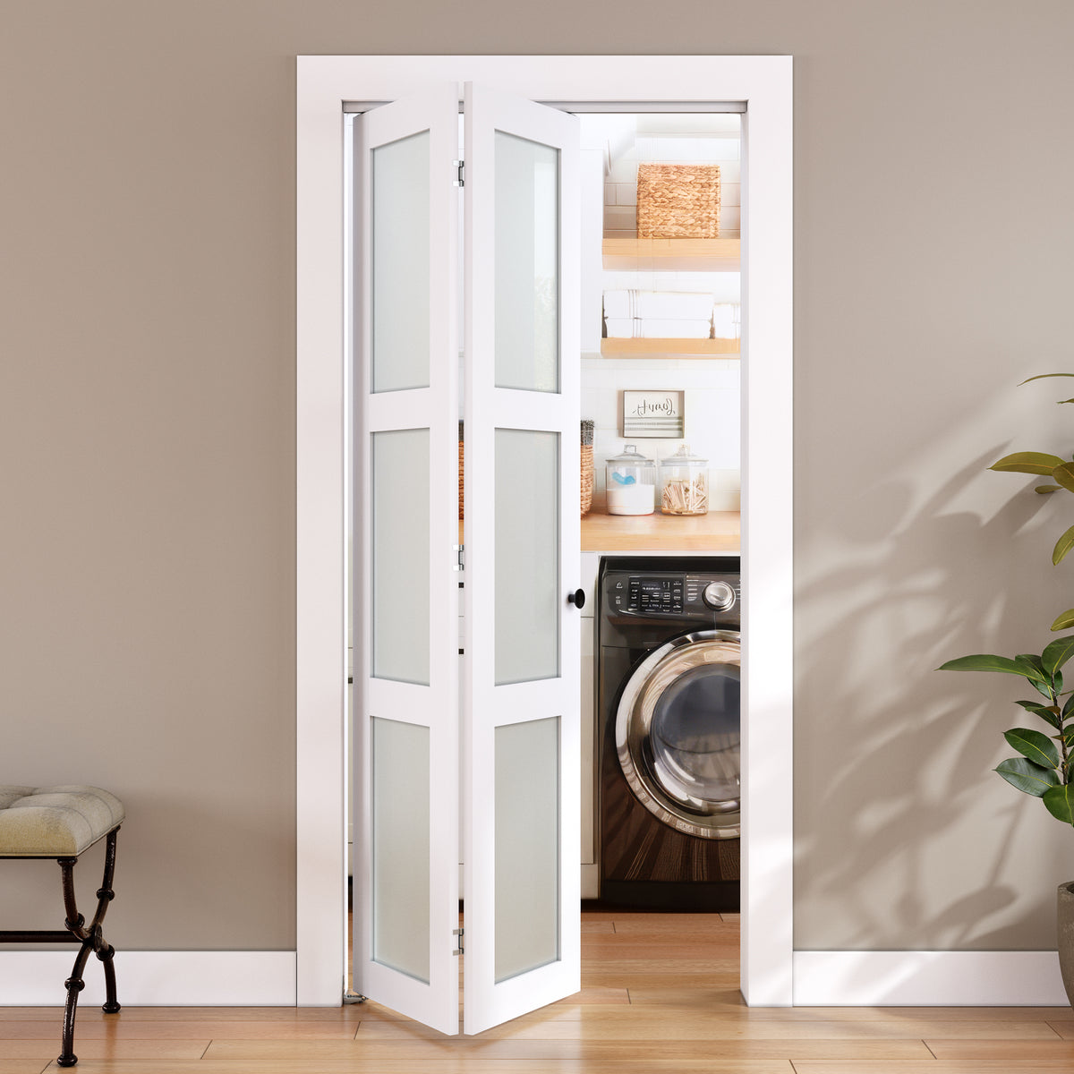 SMARTSTANDARD Bifold Door for 32" x 80-3/4" Opening, Tempered Frosted Glass, Closet Folding Doors with Hardware kit Included, White, Water-Proof PVC Surface, Easy Install, Space-Saving