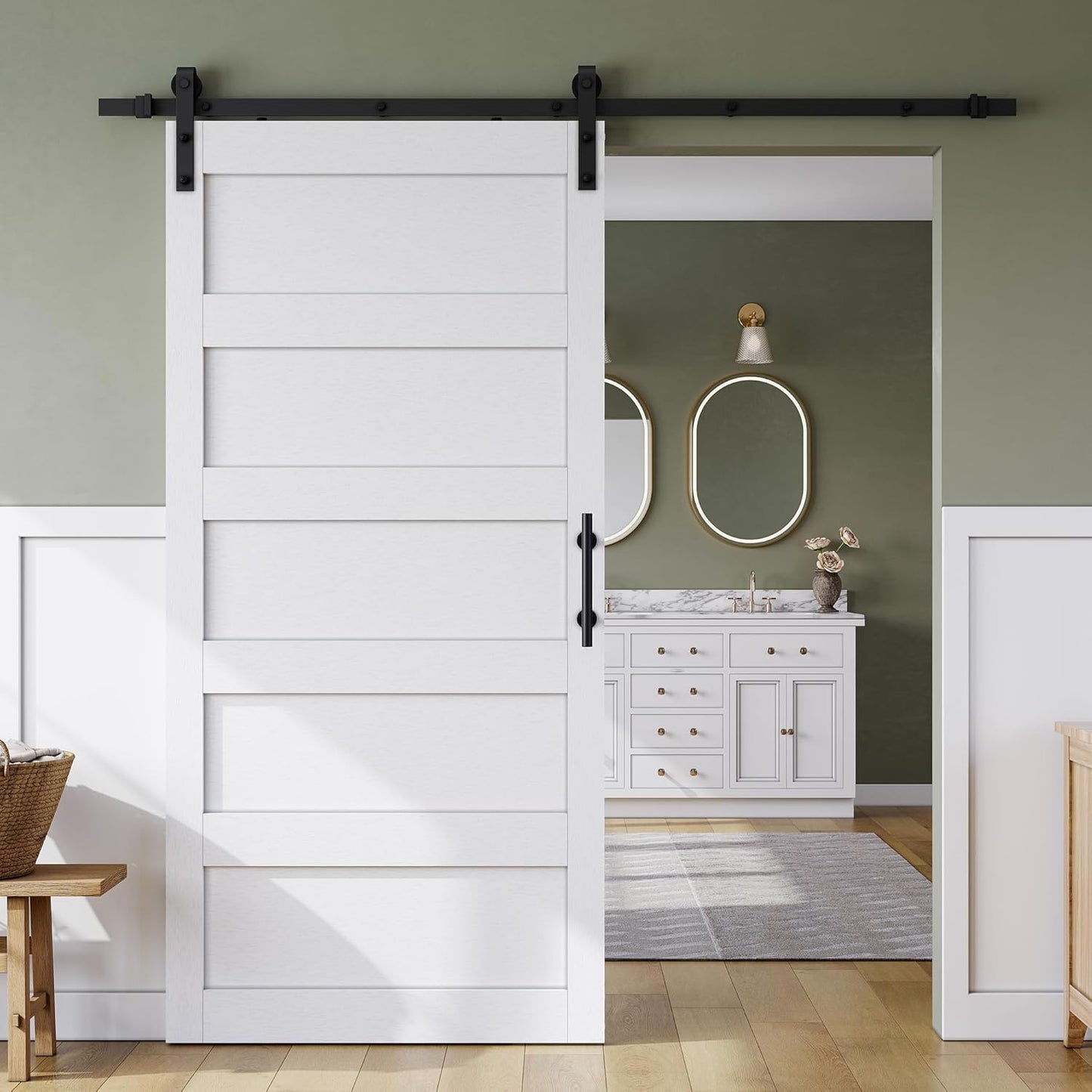 SMARTSTANDARD 40in x 84in Sliding Barn Door with 7FT Hardware Track Kit | Waterproof PVC Surface, Pre-Drilled Holes Easy to Assemble, Solid, MDF, White, 5-Panel