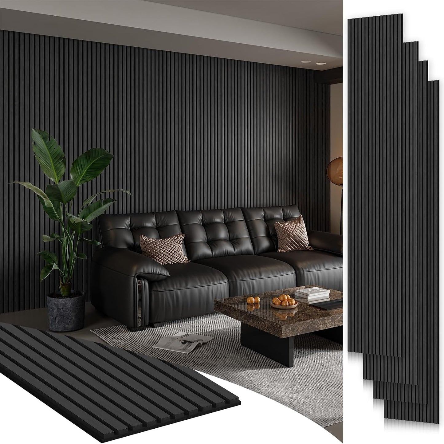 SMARTSTANDARD 4 Pack 106" x 12.6" Wood Slat Wall Panels, Deep Gray | Soundproof Wooden Wall Panels, Acoustic Wood Panels for Wall, 3D Fluted Wood Panels for Interior Wall Decor, Dark Gray