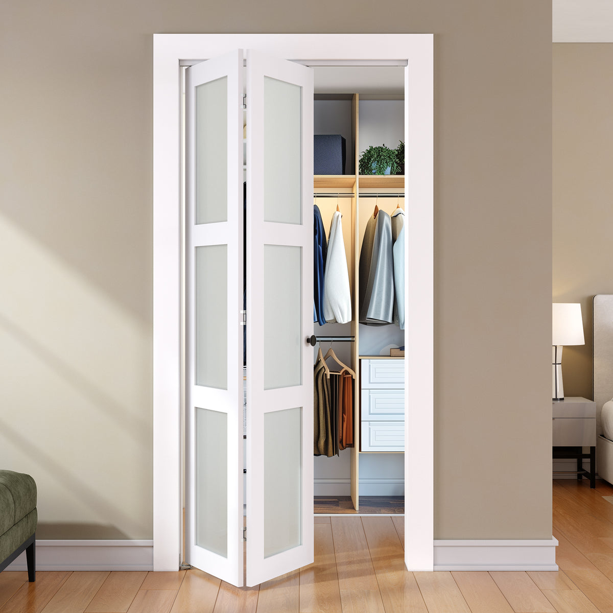 SMARTSTANDARD Bifold Door for 28" x 80-3/4" Opening, Tempered Frosted Glass