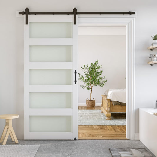 SMARTSTANDARD 38 x 84 in Glass Barn Door with 6.6FT Sliding Hardware Kit | Pre-Drilled Ready to Assemble, Waterproof PVC Coating, White, 5-Panel Glass