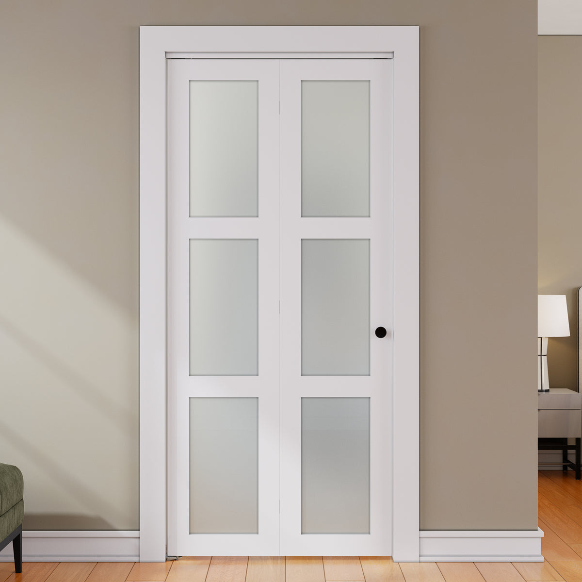SMARTSTANDARD Bifold Door for 32" x 80-3/4" Opening, Tempered Frosted Glass, Closet Folding Doors with Hardware kit Included, White, Water-Proof PVC Surface, Easy Install, Space-Saving