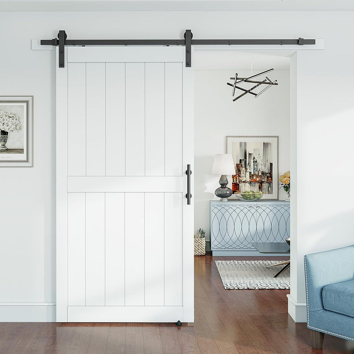 SMARTSTANDARD 42" x 84" White Sliding Barn Door with 7FT Black Hardware | Pre-Drilled Ready to Assemble, Waterproof PVC Coating, H-Frame