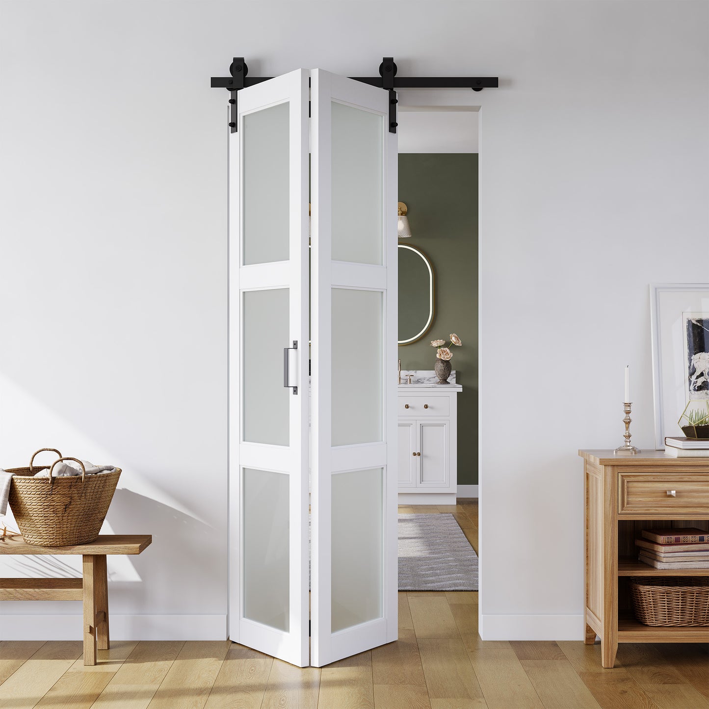 SMARTSTANDARD 24 x 84in Frosted Glass Bifold Barn Door with Hardware Kit, Pre-Drilled Holes Easy Assembly -Solid Barn Doors Slab Covered with Water-Proof PVC Surface, White