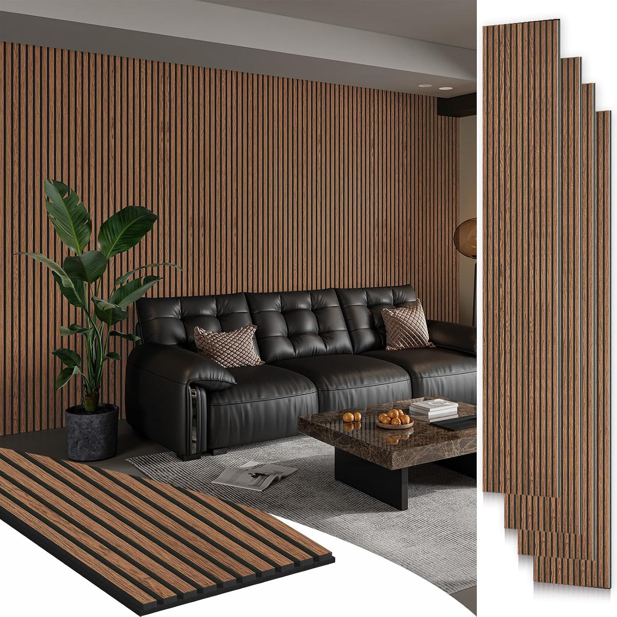 SMARTSTANDARD 4 Pack 105.9" x 12.6" Wood Slat Wall Panels, Classic Brown