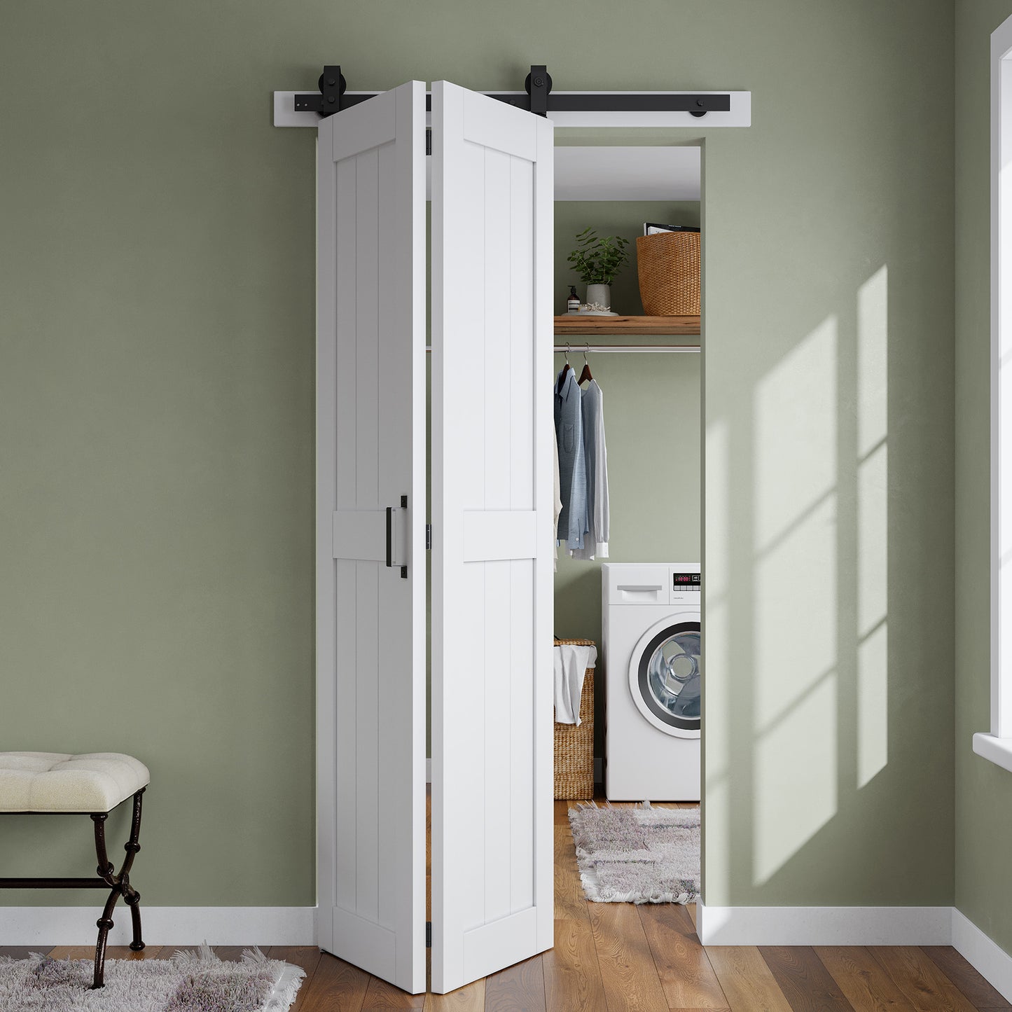 SMARTSTANDARD Bifold Barn Door 28'' x 84'',Bi-Fold Sliding Closet Doors | Hardware Kit Included,32'' Track Kit for 2 Doors,Waterproof & Quiet,Pre-Drilled Holes Easy Assembly,White