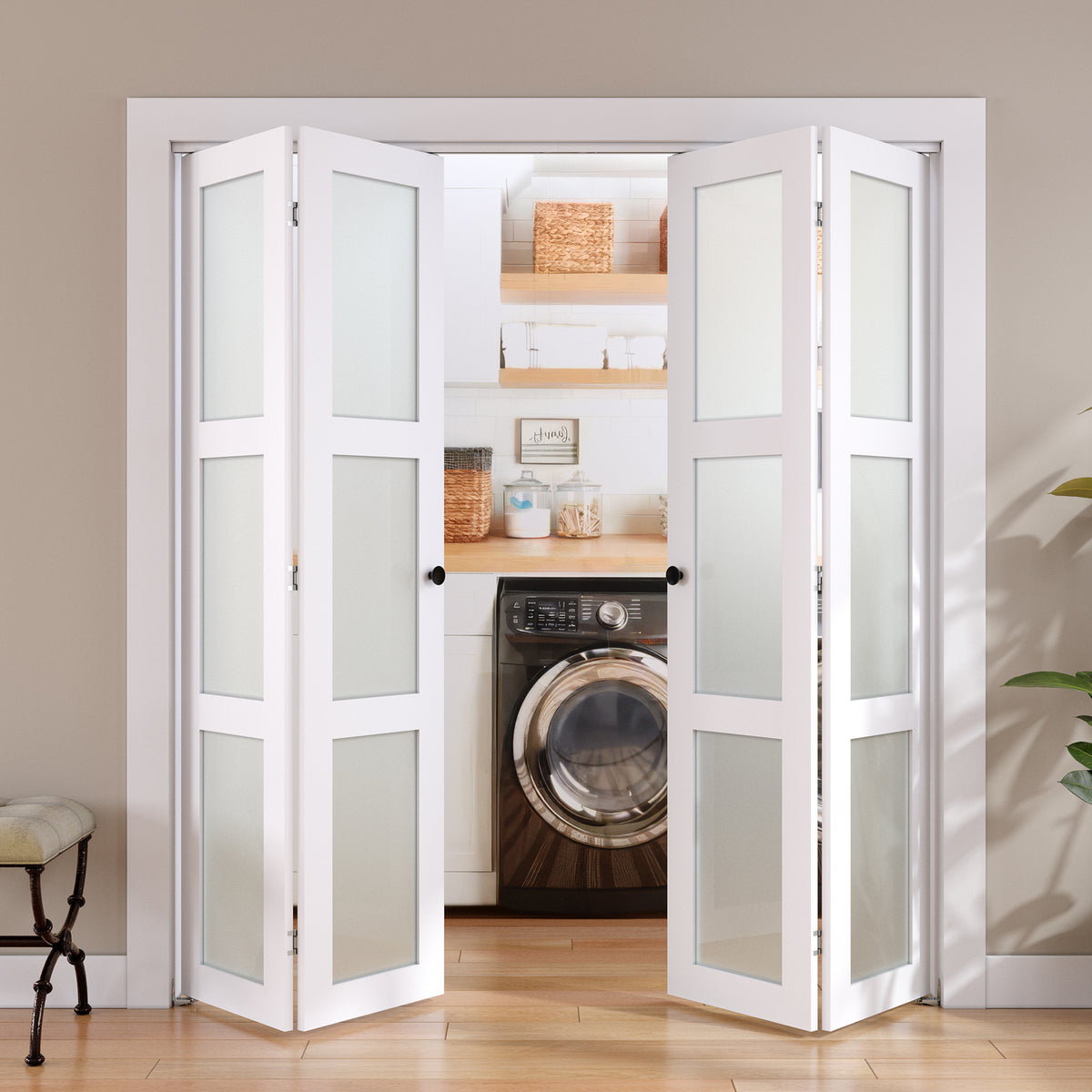 SMARTSTANDARD Bifold Door for 56"x 80" Opening, Tempered Frosted Glass, MDF, Closet Folding Doors with Hardware kit Included, White, Water-Proof PVC Surface, Easy Install, Space-Saving