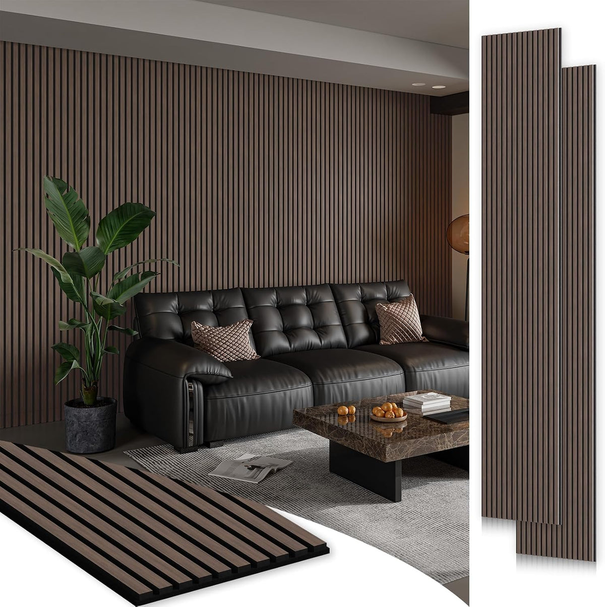 SMARTSTANDARD 2 Pack 106" x 12.6" Wood Slat Wall Panels, Dark Walnut