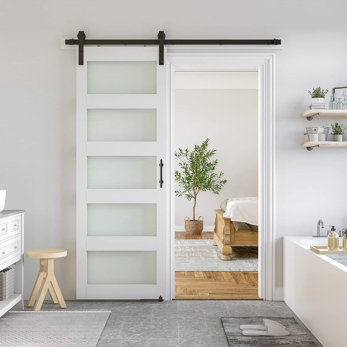 SMARTSTANDARD 32 x 80 in Glass Barn Door with 6FT Sliding Hardware Kit | Pre-Drilled Ready to Assemble, Waterproof PVC Coating, White, 5-Panel Glass