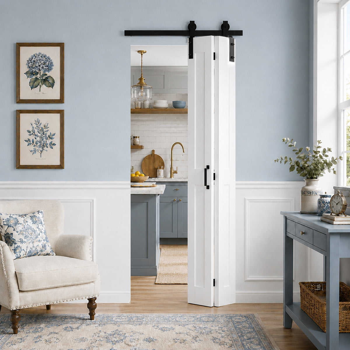 SMARTSTANDARD 24" x 84" (Double 12") Bifold Barn Door, Bi-Fold Sliding Closet Doors with 28" Hardware Track Kit, Waterproof PVC Surface MDF Panels, Pre-Drilled Easy Assembly for Bedroom Pantry, White