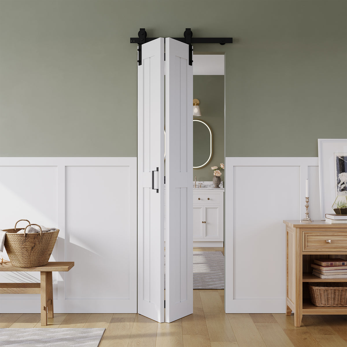 Bifold Barn Door 28" x 84", MDF Bi-Fold Sliding Closet Doors with Hardware Kit Included, Pre-Finished Easy Assembly, Water-Proof PVC Surface & Save Space, H-Frame, 32" Track for 2 Doors ,White