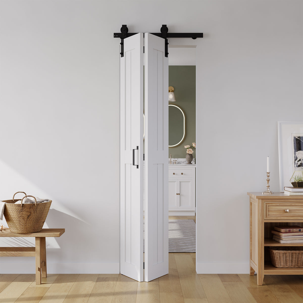 Bifold Barn Door 28" x 84", MDF Bi-Fold Sliding Closet Doors with Hardware Kit Included, Pre-Finished Easy Assembly, Water-Proof PVC Surface & Save Space, H-Frame, 32" Track for 2 Doors ,White