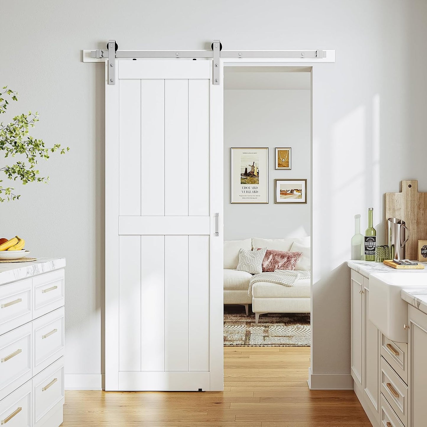 SMARTSTANDARD 28" x 84" White Sliding Barn Door with 5FT Silver Hardware | Pre-Drilled Ready to Assemble, Waterproof PVC Coating, H-Frame