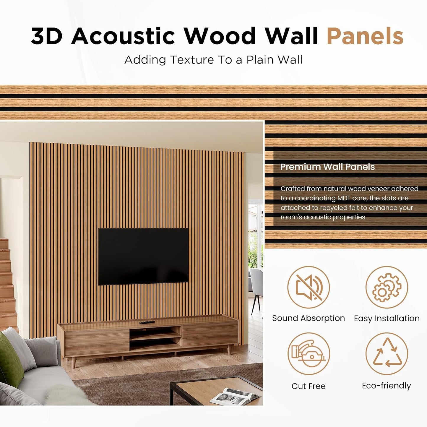 SMARTSTANDARD 6 Pack Acoustic Wood Wall Panels, 94.5"Hx 7.9"H, Light Brown | Soundproof Wall Panel, 3D Fluted Wood Slat Paneling for Wall and Ceilings