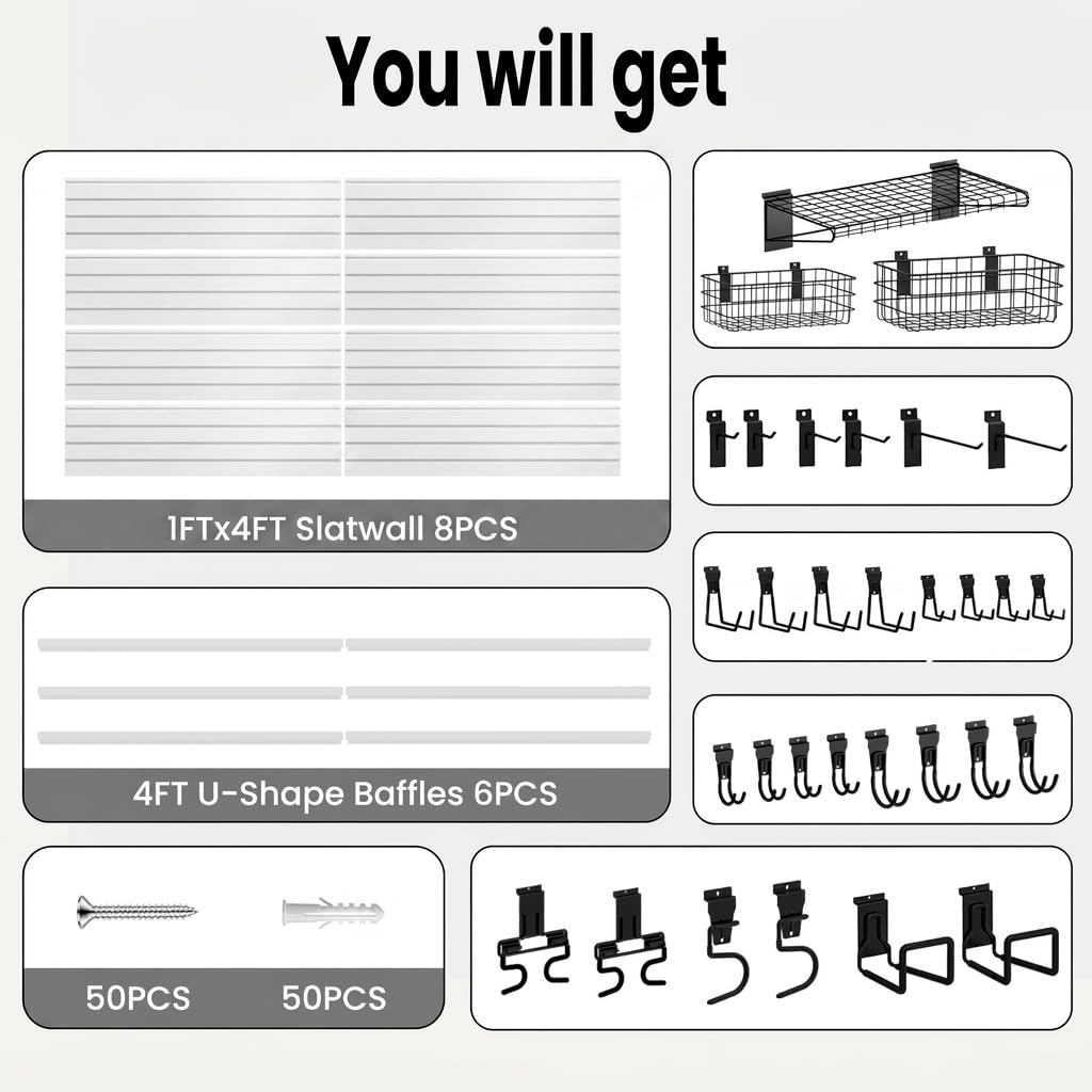 SMARTSTANDARD White Slatwall Panel Set, Wall Organizer for Garden Storage, Wall-Mount Wall Panels, PVC Slat Wall Panel with 31Pcs Garden Storage Accessories, Storage & Organization for Garden Tools