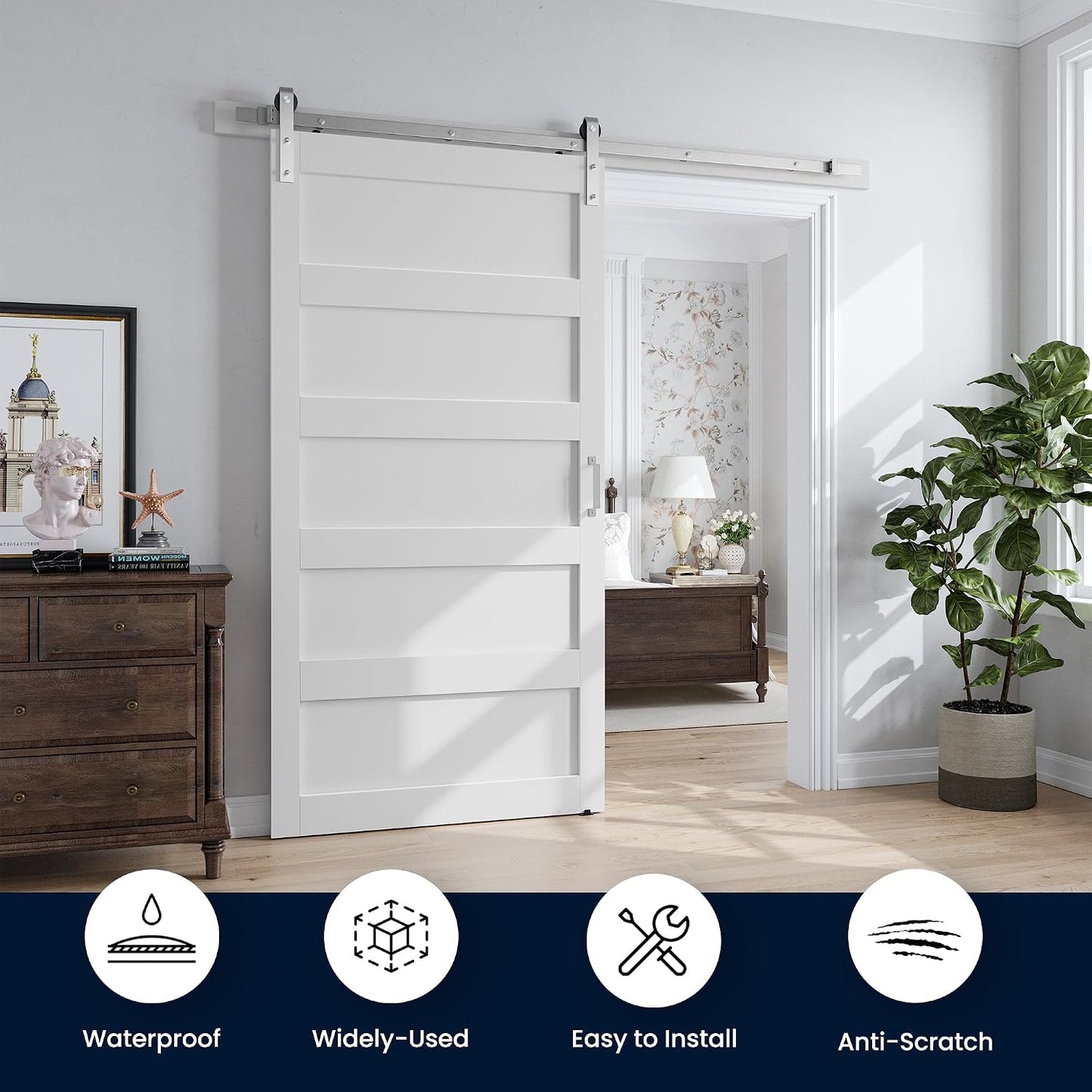 SMARTSTANDARD 42x84 inch White Barn Door with 7FT Silver Hardware Track | Solid MDF Slab, Waterproof PVC Surface, 5-Panel, Suitable for Openings up to 40in x 82in